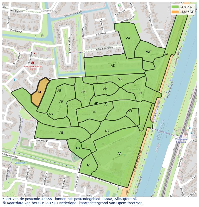 Afbeelding van het postcodegebied 4386 AT op de kaart.