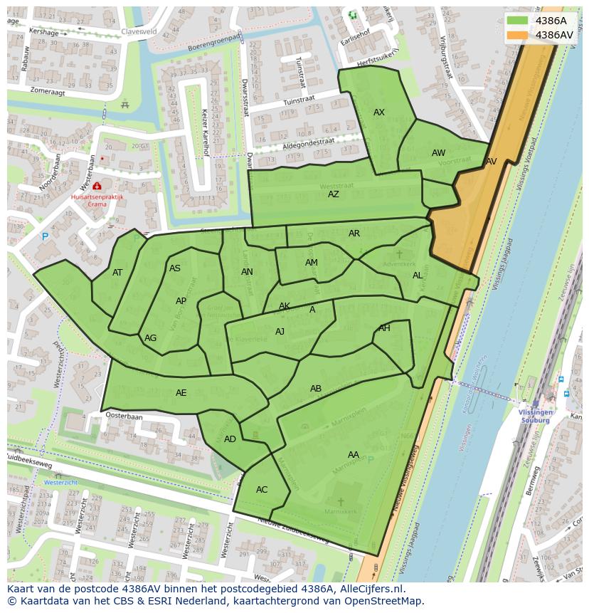 Afbeelding van het postcodegebied 4386 AV op de kaart.