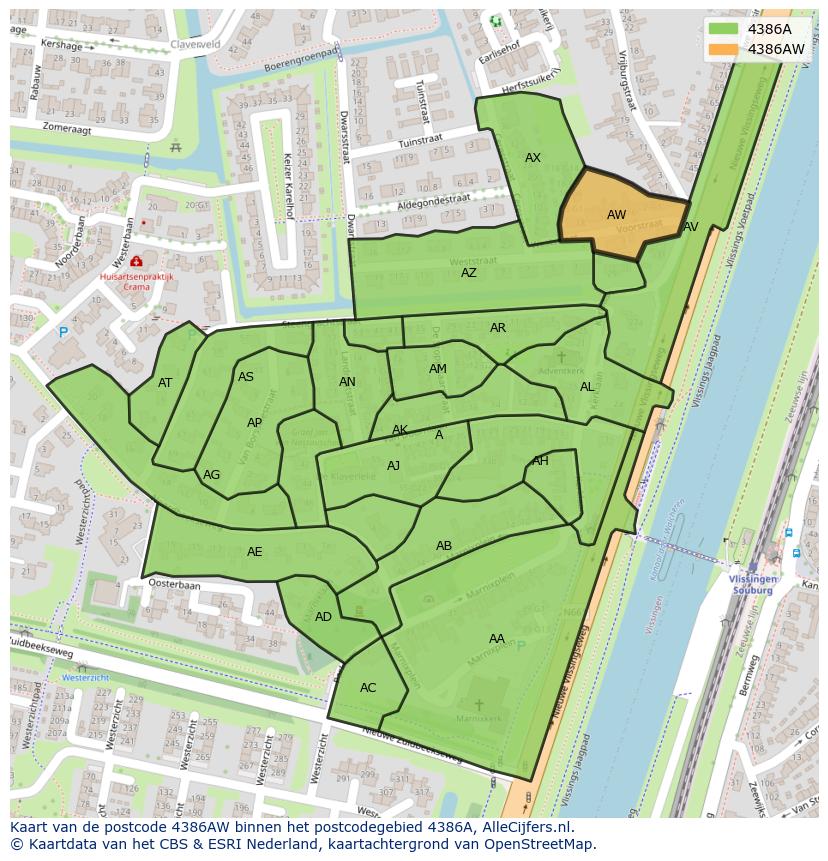 Afbeelding van het postcodegebied 4386 AW op de kaart.