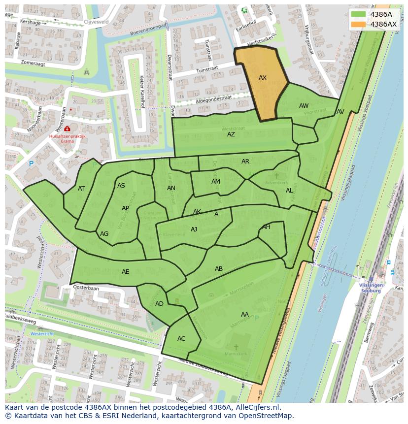 Afbeelding van het postcodegebied 4386 AX op de kaart.