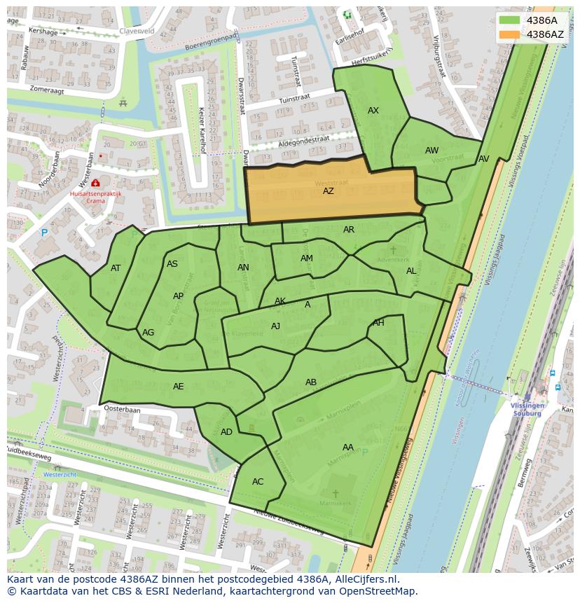Afbeelding van het postcodegebied 4386 AZ op de kaart.