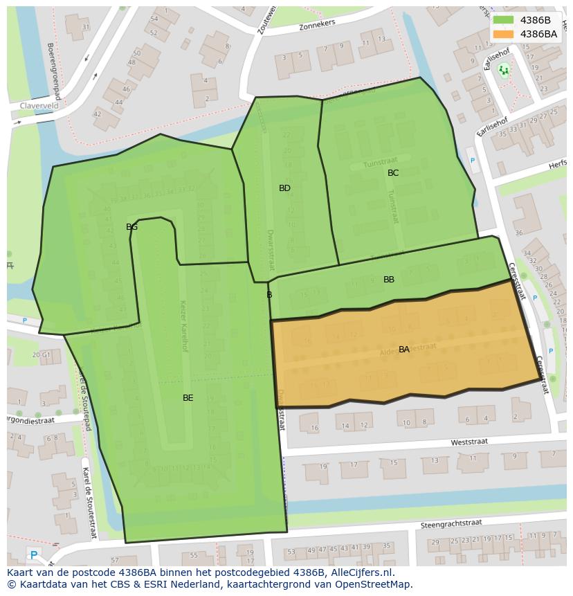 Afbeelding van het postcodegebied 4386 BA op de kaart.