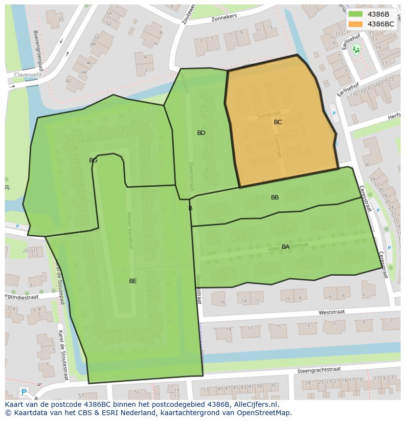 Afbeelding van het postcodegebied 4386 BC op de kaart.