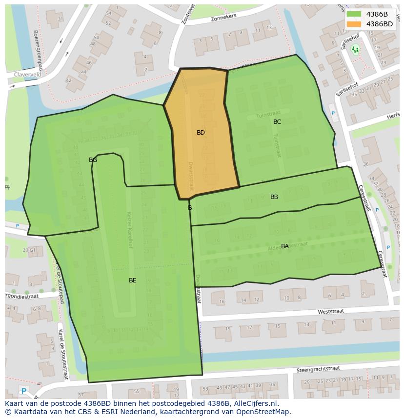 Afbeelding van het postcodegebied 4386 BD op de kaart.