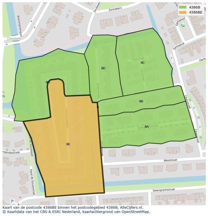 Afbeelding van het postcodegebied 4386 BE op de kaart.
