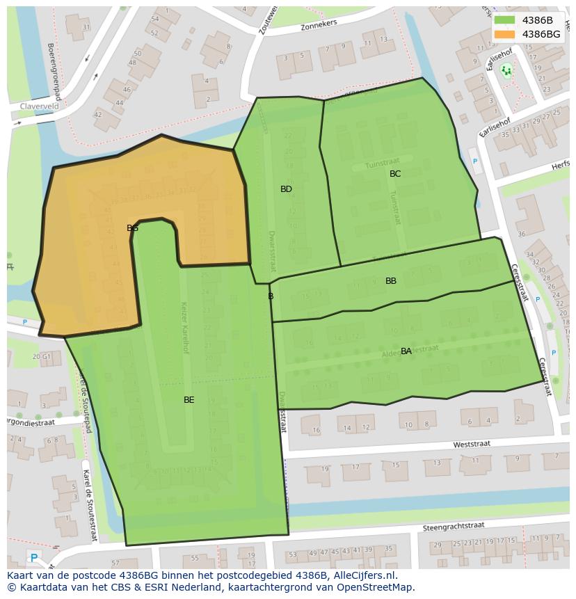 Afbeelding van het postcodegebied 4386 BG op de kaart.