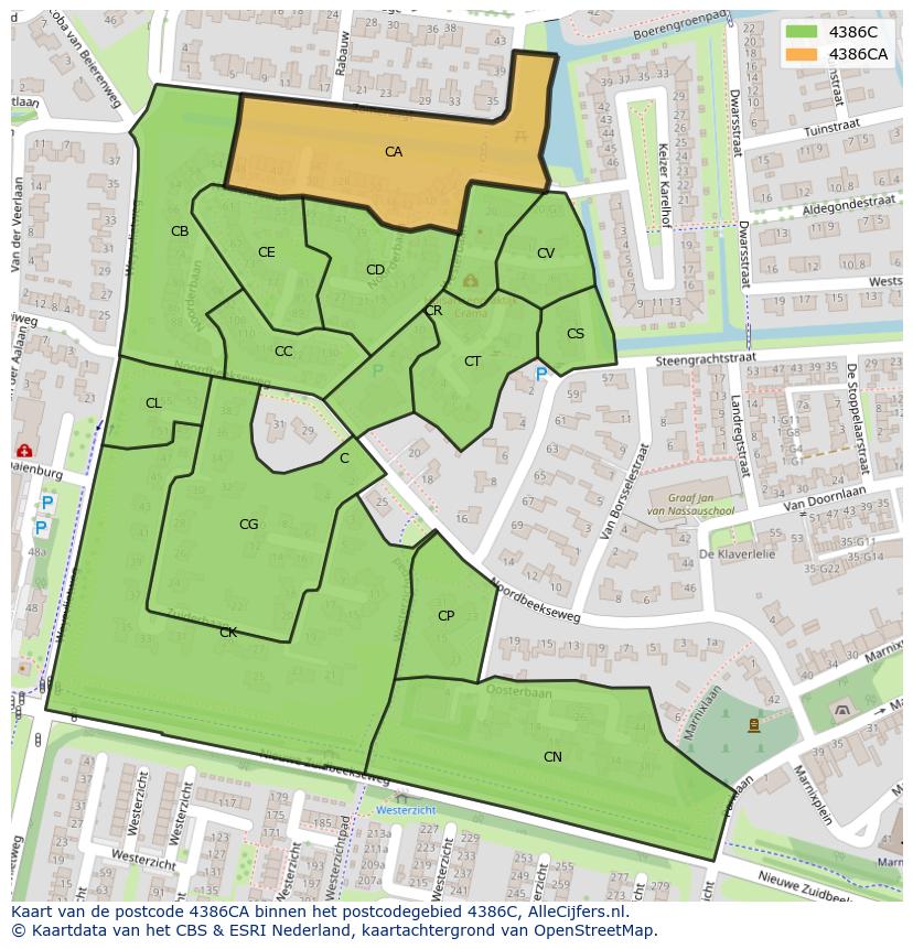 Afbeelding van het postcodegebied 4386 CA op de kaart.