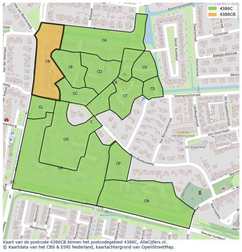 Afbeelding van het postcodegebied 4386 CB op de kaart.