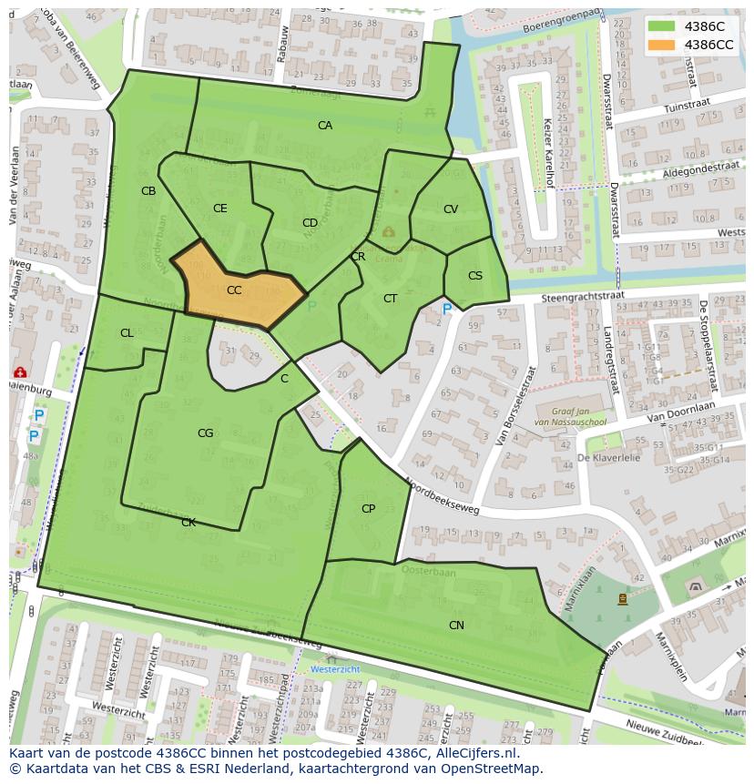 Afbeelding van het postcodegebied 4386 CC op de kaart.