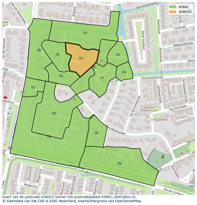 Afbeelding van het postcodegebied 4386 CD op de kaart.