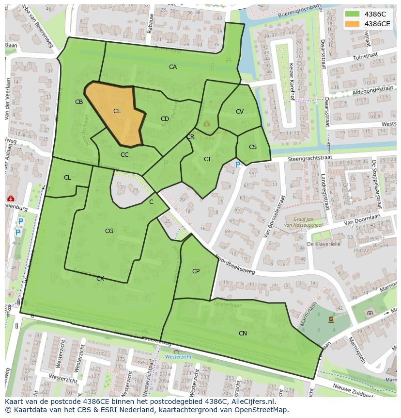 Afbeelding van het postcodegebied 4386 CE op de kaart.