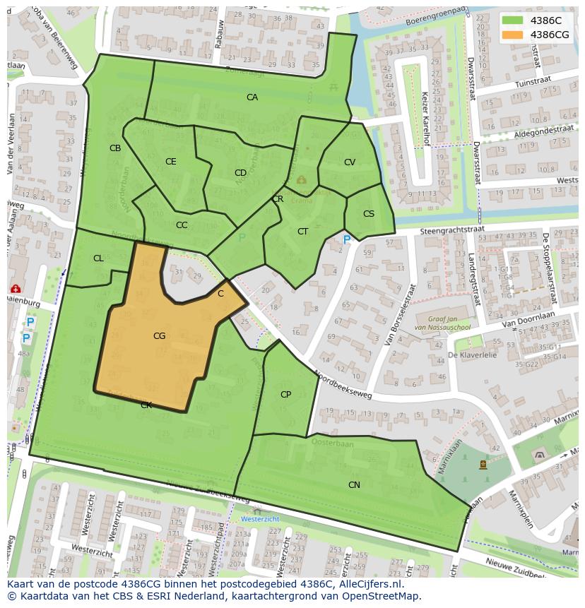 Afbeelding van het postcodegebied 4386 CG op de kaart.
