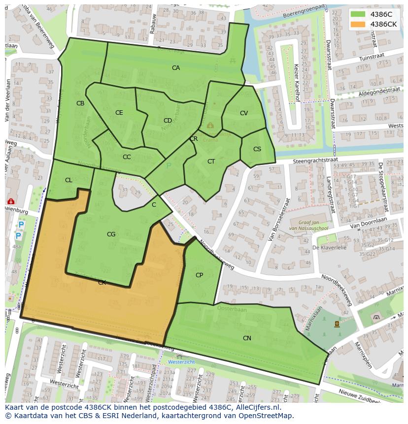 Afbeelding van het postcodegebied 4386 CK op de kaart.