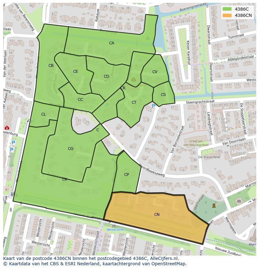 Afbeelding van het postcodegebied 4386 CN op de kaart.