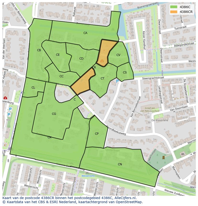 Afbeelding van het postcodegebied 4386 CR op de kaart.