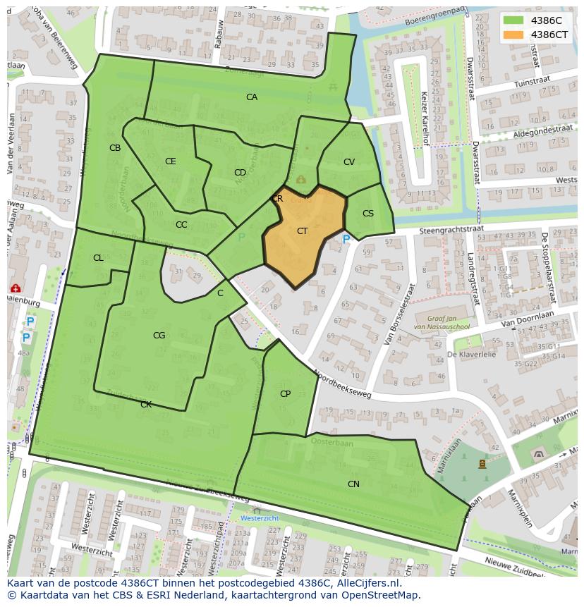 Afbeelding van het postcodegebied 4386 CT op de kaart.
