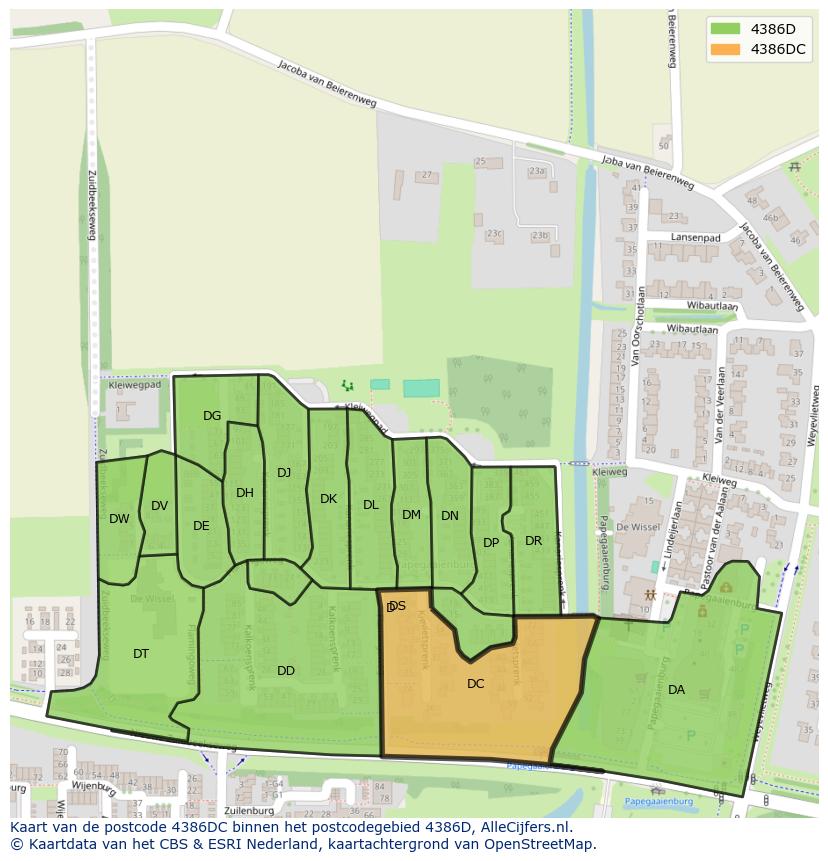 Afbeelding van het postcodegebied 4386 DC op de kaart.