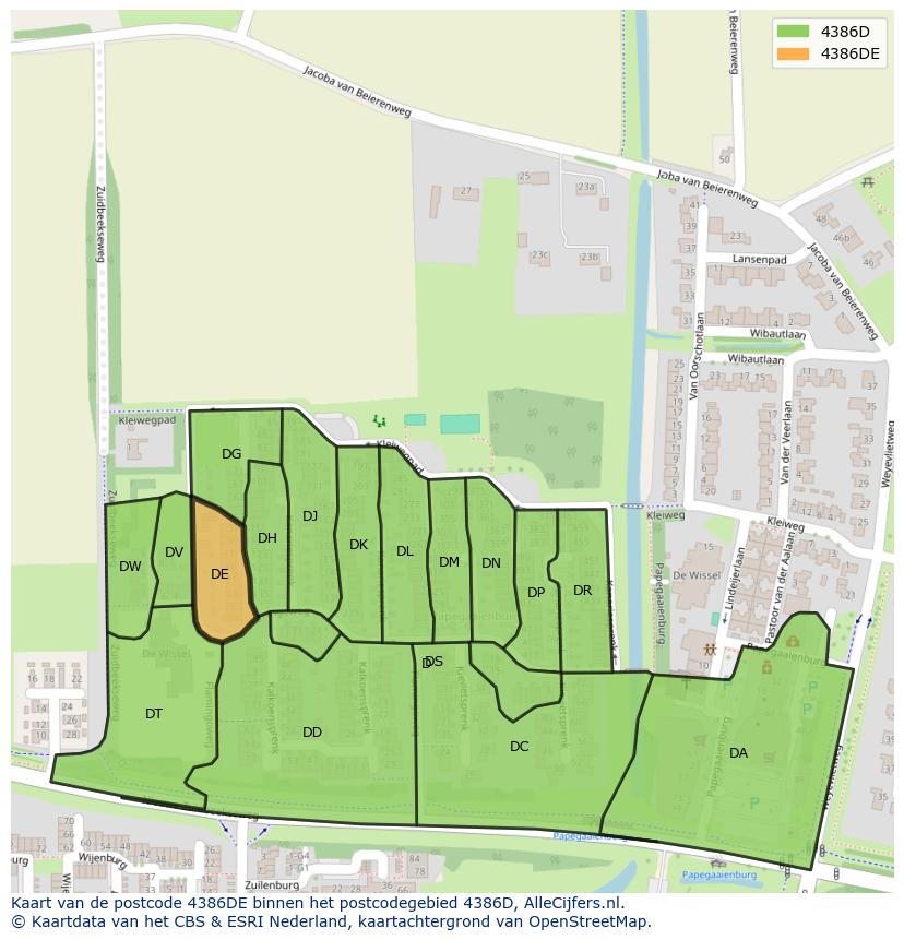 Afbeelding van het postcodegebied 4386 DE op de kaart.