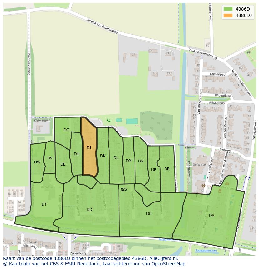 Afbeelding van het postcodegebied 4386 DJ op de kaart.