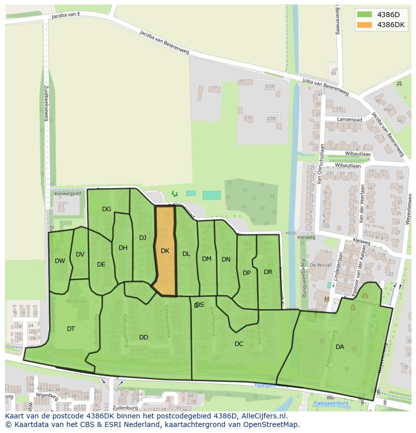 Afbeelding van het postcodegebied 4386 DK op de kaart.
