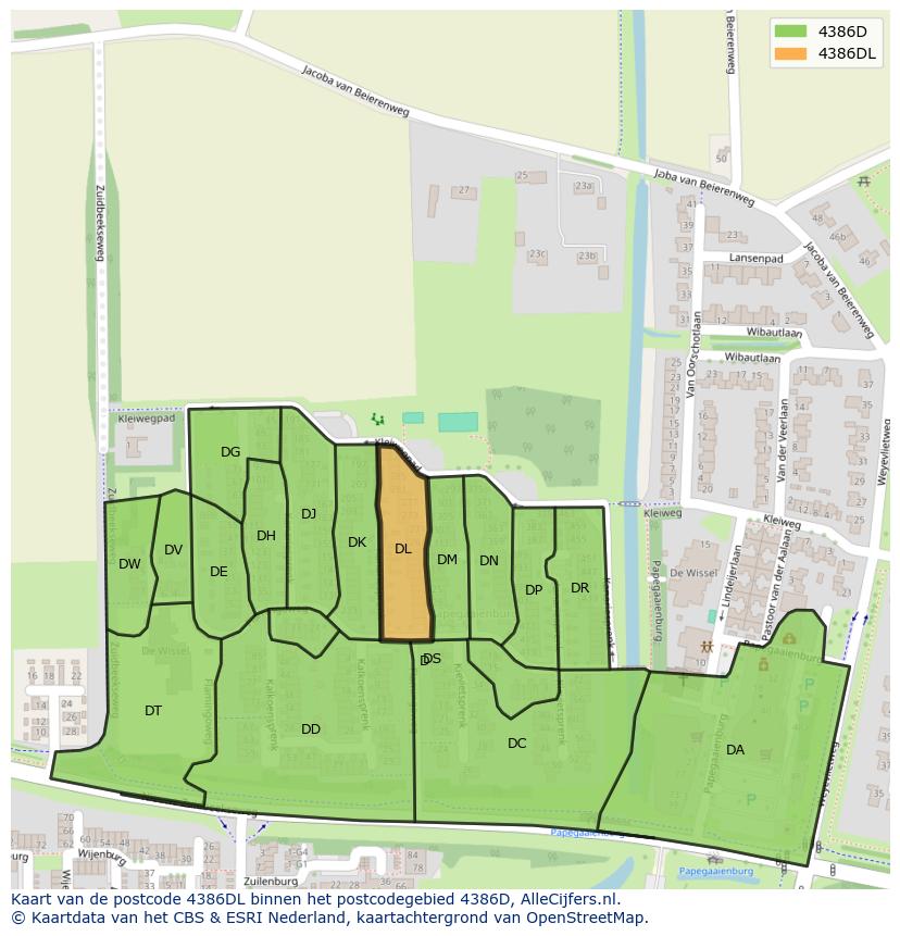 Afbeelding van het postcodegebied 4386 DL op de kaart.