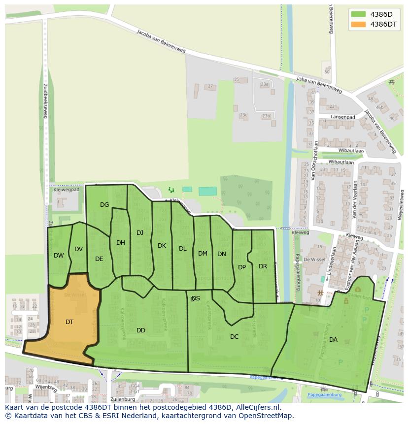 Afbeelding van het postcodegebied 4386 DT op de kaart.