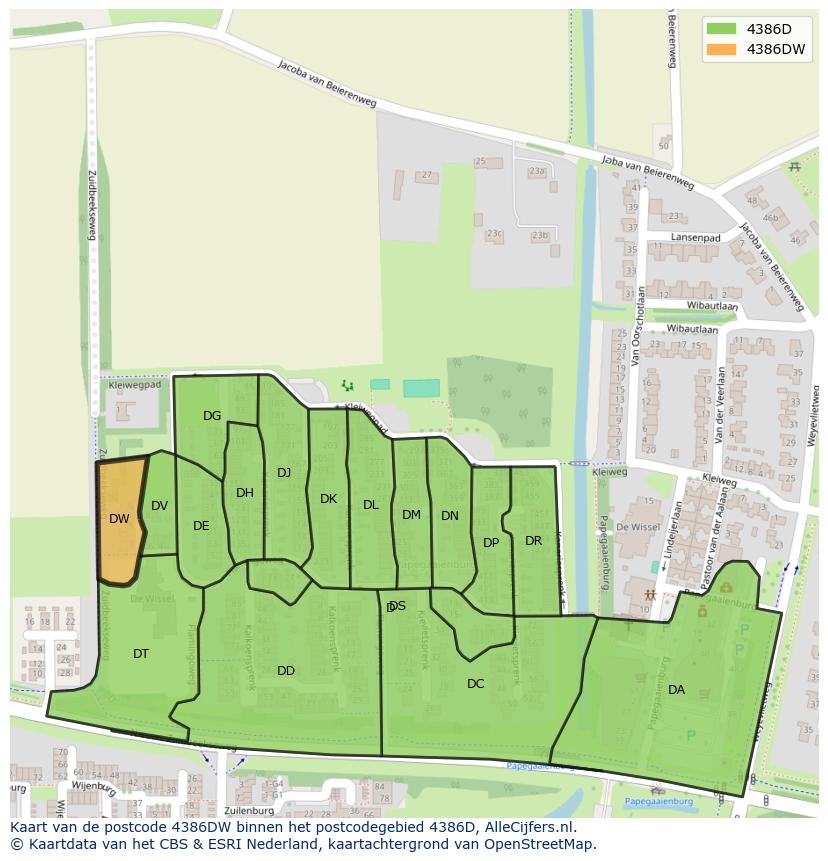 Afbeelding van het postcodegebied 4386 DW op de kaart.