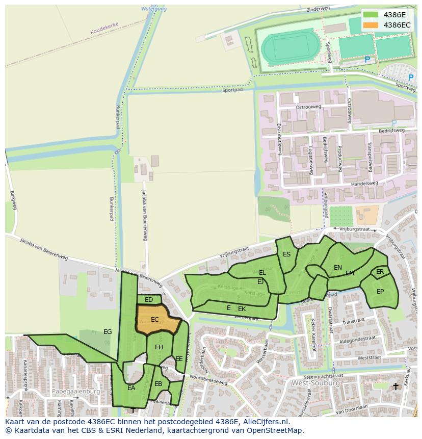 Afbeelding van het postcodegebied 4386 EC op de kaart.