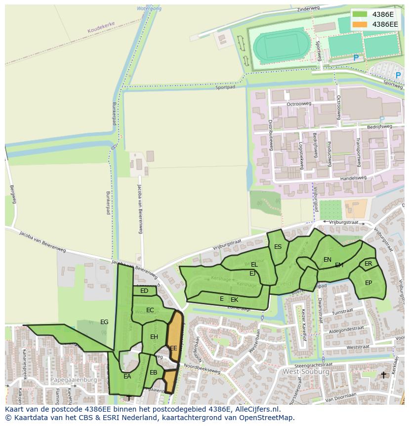 Afbeelding van het postcodegebied 4386 EE op de kaart.