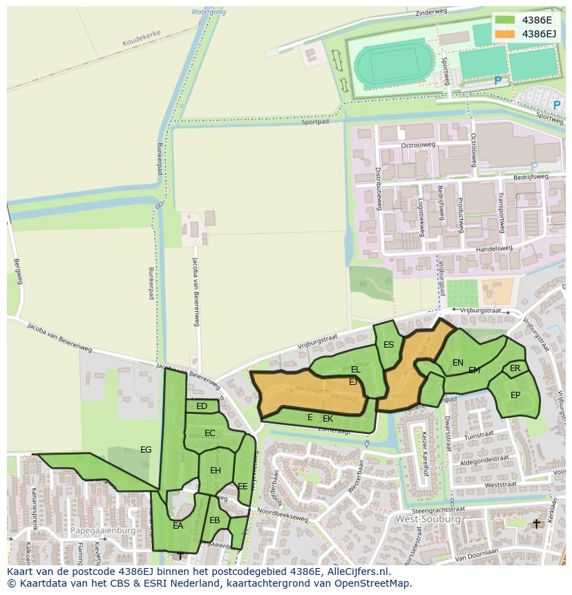 Afbeelding van het postcodegebied 4386 EJ op de kaart.