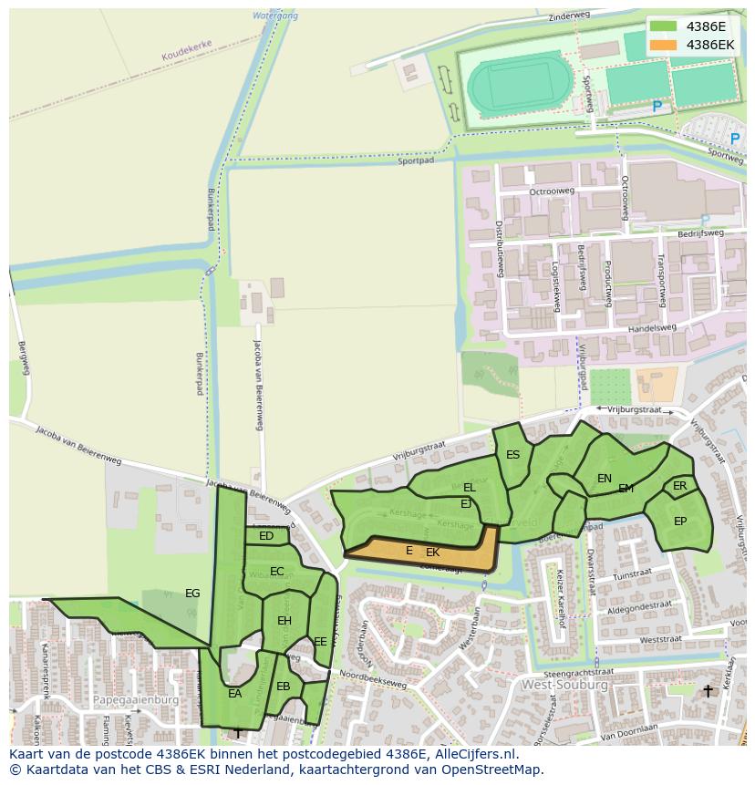 Afbeelding van het postcodegebied 4386 EK op de kaart.