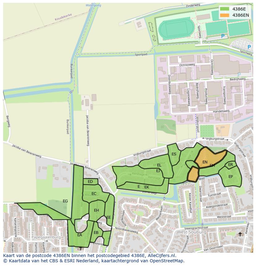 Afbeelding van het postcodegebied 4386 EN op de kaart.