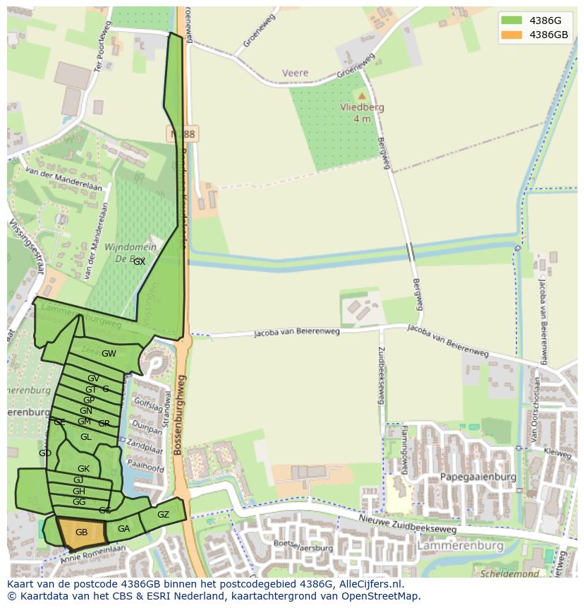 Afbeelding van het postcodegebied 4386 GB op de kaart.