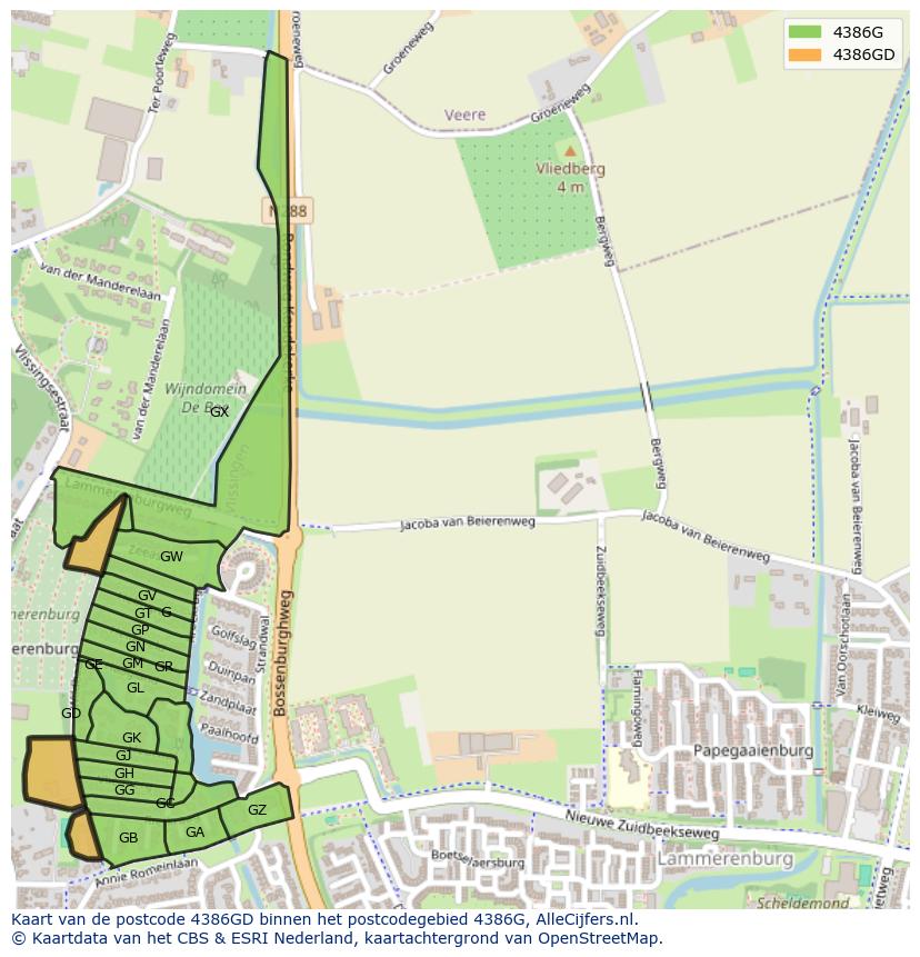 Afbeelding van het postcodegebied 4386 GD op de kaart.
