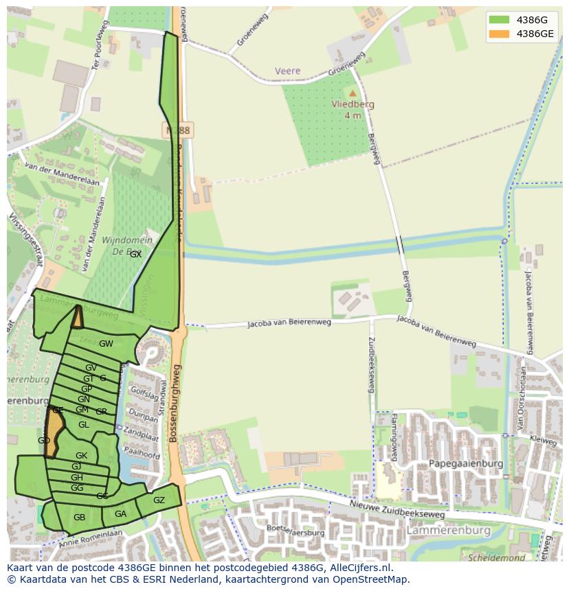 Afbeelding van het postcodegebied 4386 GE op de kaart.