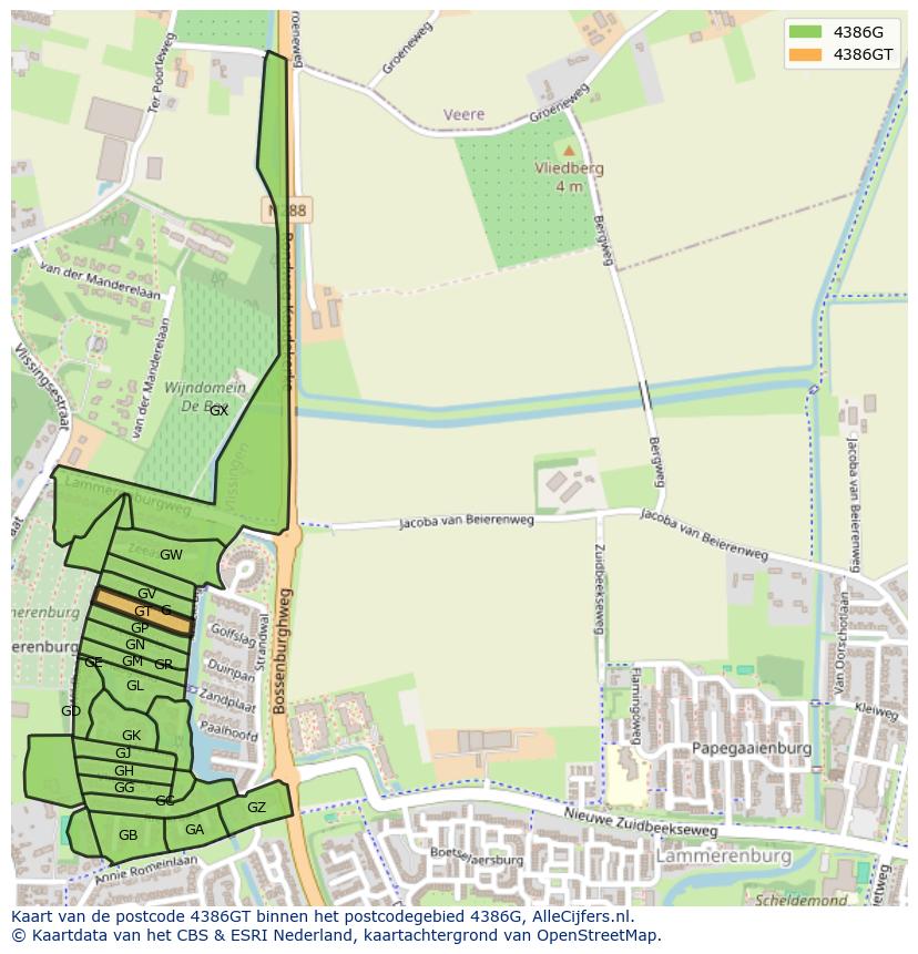 Afbeelding van het postcodegebied 4386 GT op de kaart.