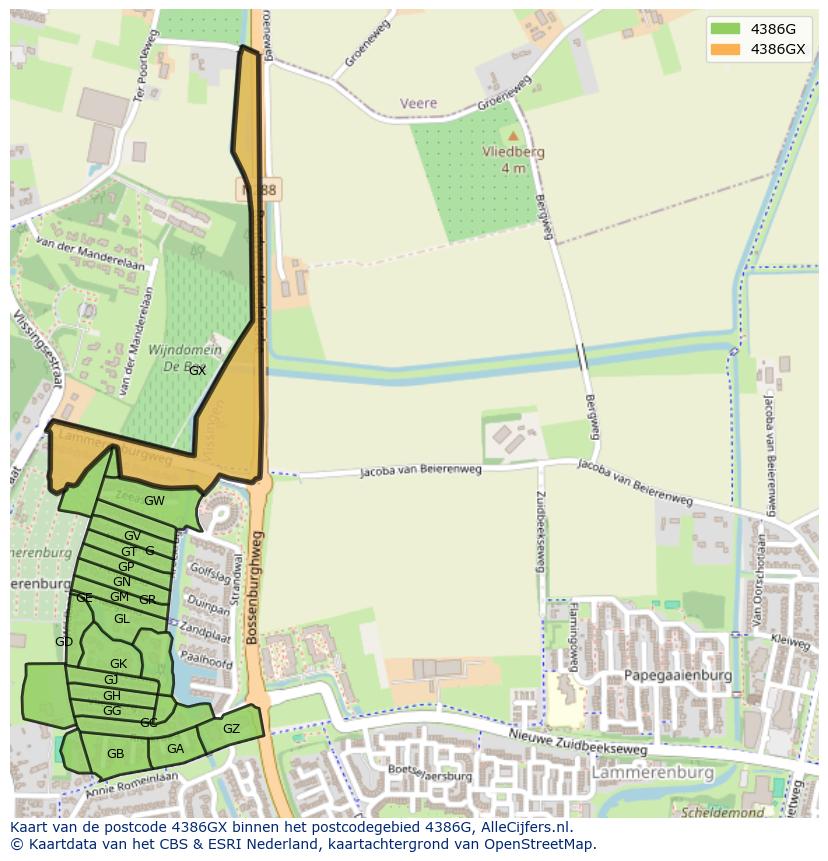 Afbeelding van het postcodegebied 4386 GX op de kaart.