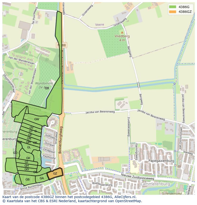 Afbeelding van het postcodegebied 4386 GZ op de kaart.