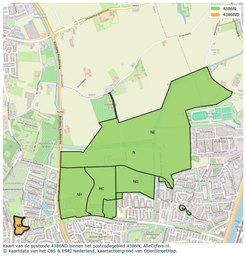 Afbeelding van het postcodegebied 4386 ND op de kaart.