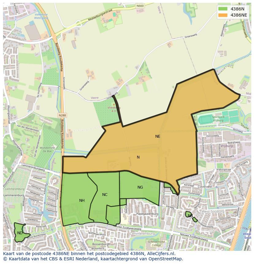Afbeelding van het postcodegebied 4386 NE op de kaart.