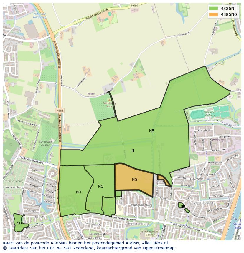 Afbeelding van het postcodegebied 4386 NG op de kaart.