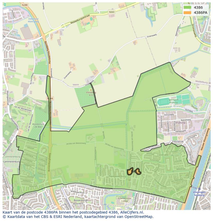 Afbeelding van het postcodegebied 4386 PA op de kaart.