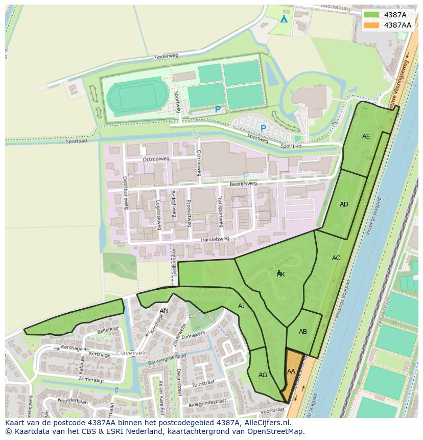 Afbeelding van het postcodegebied 4387 AA op de kaart.