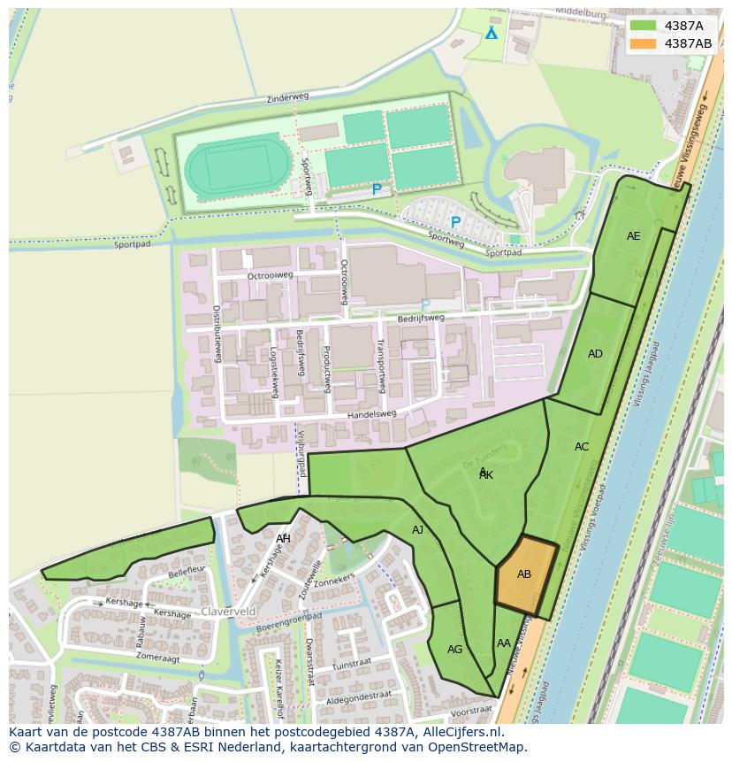 Afbeelding van het postcodegebied 4387 AB op de kaart.