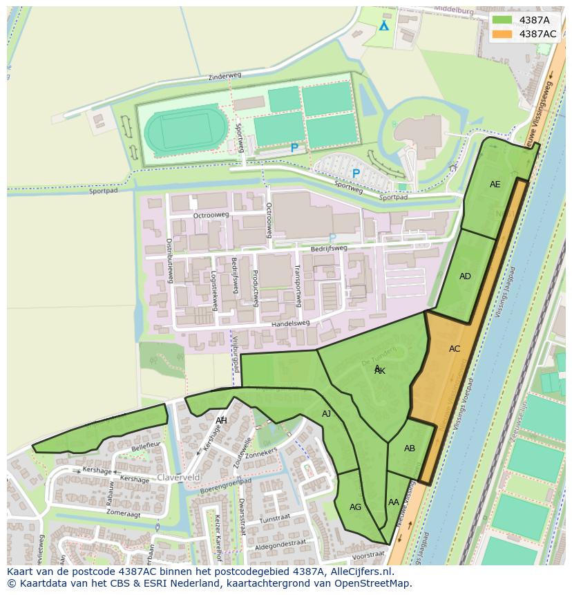 Afbeelding van het postcodegebied 4387 AC op de kaart.