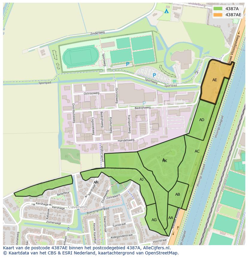 Afbeelding van het postcodegebied 4387 AE op de kaart.