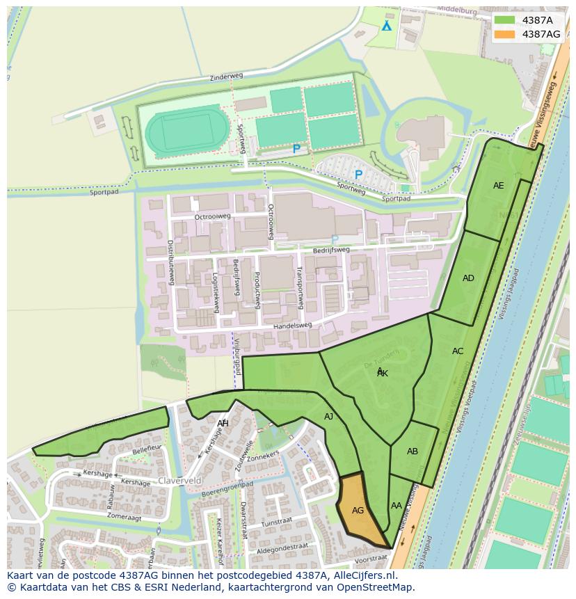 Afbeelding van het postcodegebied 4387 AG op de kaart.