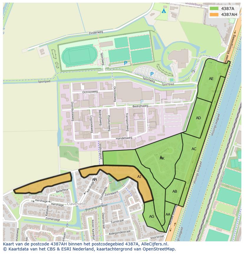 Afbeelding van het postcodegebied 4387 AH op de kaart.