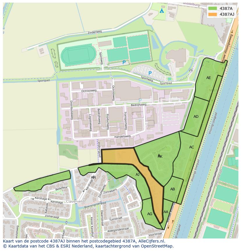 Afbeelding van het postcodegebied 4387 AJ op de kaart.