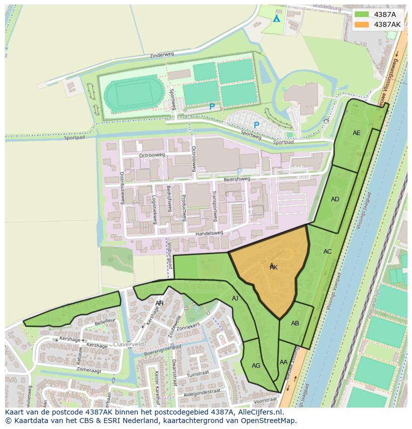 Afbeelding van het postcodegebied 4387 AK op de kaart.